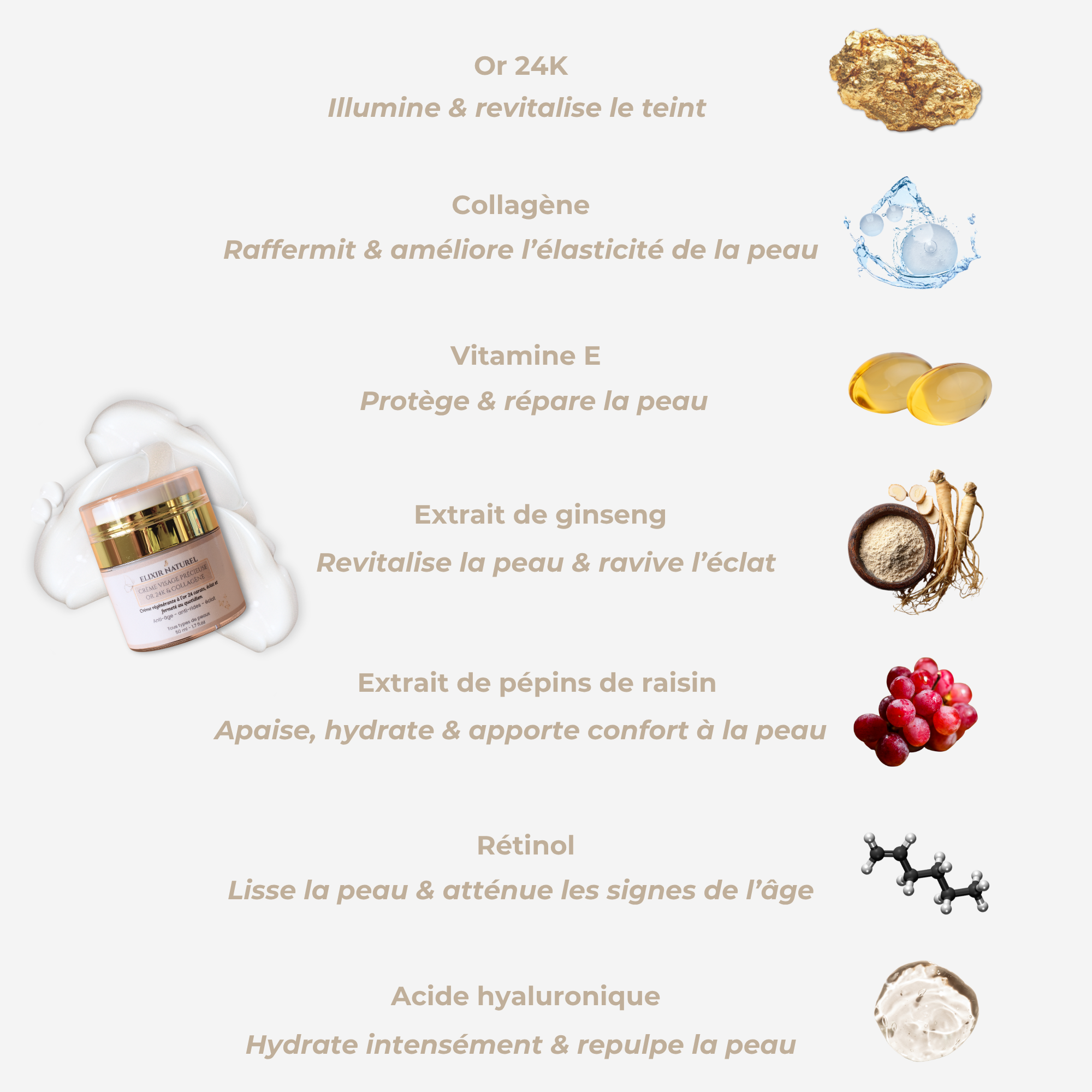 Crème Précieuse à l'Or 24K — Fermeté, nutrition, rides atténuées • 89% naturel