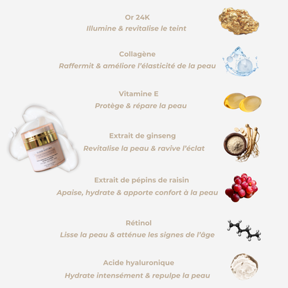 Crème Précieuse à l'Or 24K — Fermeté, nutrition, rides atténuées • 89% naturel