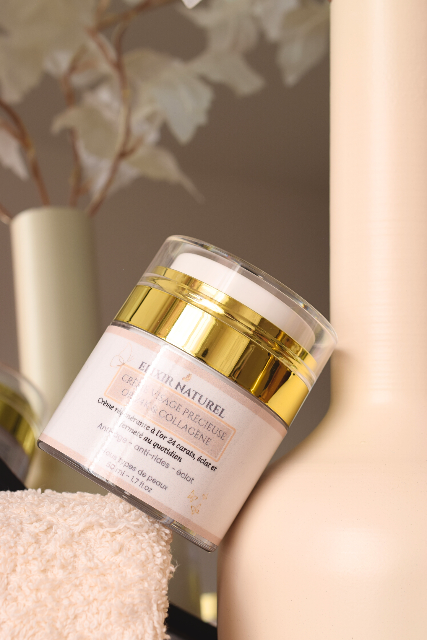 Crème Précieuse à l'Or 24K — Fermeté, nutrition, rides atténuées • 89% naturel